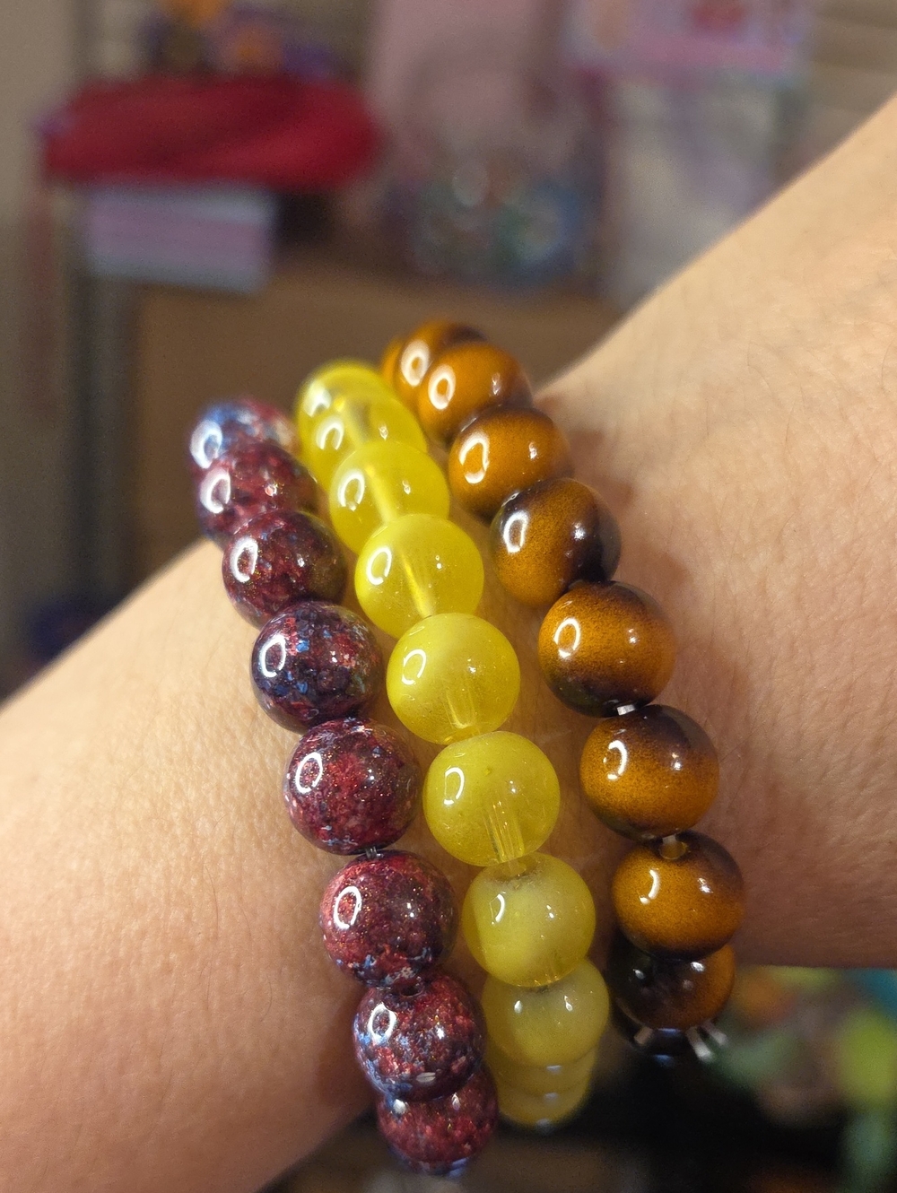 3 Multi-Stack Beaded Bracelet Set - Yellow, Brown, Burgundy
